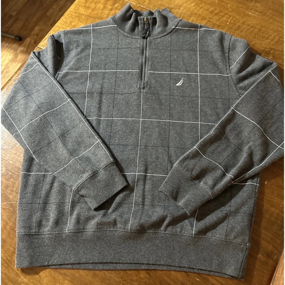 Nautica Sweater Mens‎ Large Gray White Sailing Pullover Cotton Quarter Zip Adult
